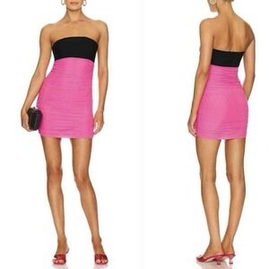NWT Superdown April Mesh Contrast Mini Dress Size L Pink Black Ruched Party
